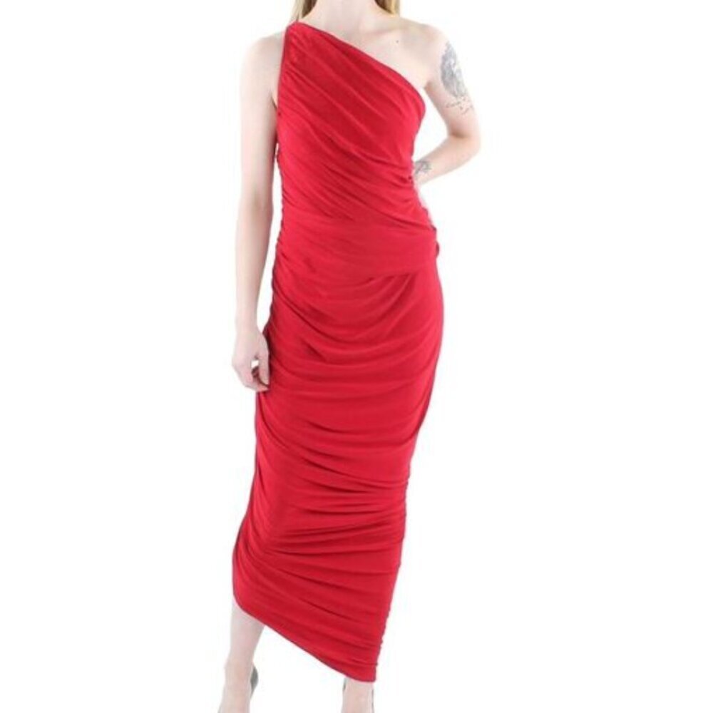 Norma Kamali Red One-Shoulder Ruched Column Dress
